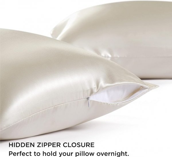 Satin Pillowcase for Hair - Beige Satin Pillow Cases Standard Size with Zipper 2 Pack,  Silky & Soft Pillow Covers, 20x26 Inches