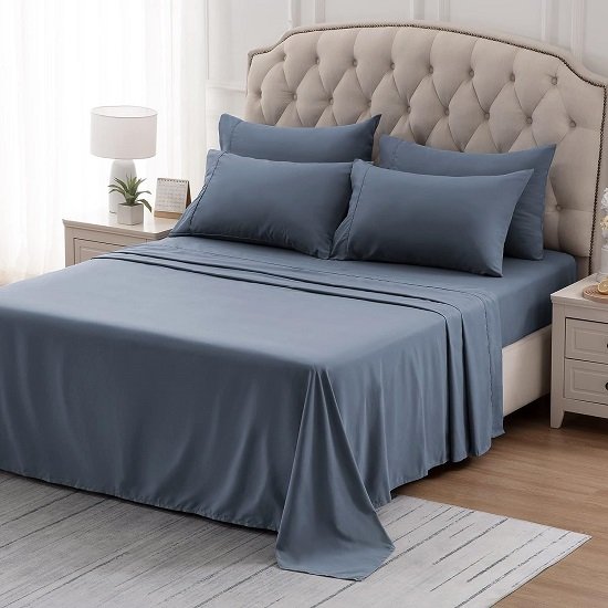 Super Soft Cooling Queen Bed Sheets Set 4 Piece - Easy Care Fitted Flat Sheet & Pillowcase Sets - Wrinkle Free, Fade Resistant, Deep Pocket 16" (Flint Blue, Queen)