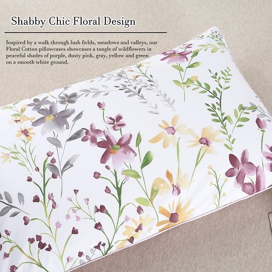100% Cotton Pillowcases 1000 Thread Count Floral Printed Pillow Cases Set of 2 Pillow Cover (Standard Queen 20x30'', Lilac)