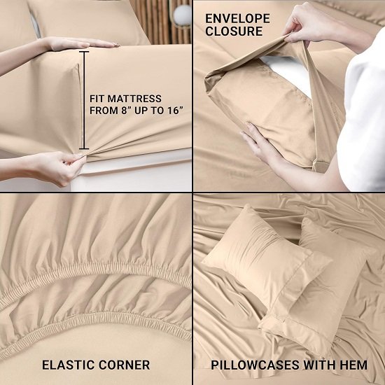 King Bed Sheets Set - 4 Piece Bedding - Brushed Microfiber - Shrinkage and Fade Resistant - Easy Care (King, Beige)